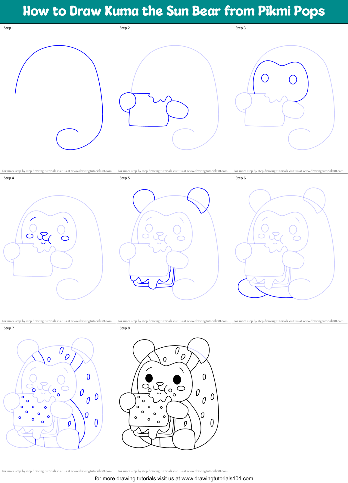 How to Draw Kuma the Sun Bear from Pikmi Pops Printable Step by Step