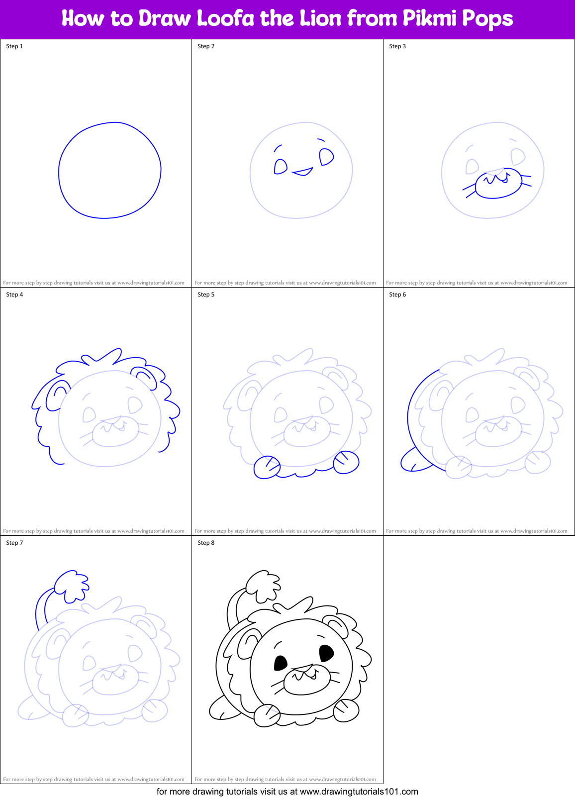 How to Draw Loofa the Lion from Pikmi Pops Printable Step by Step