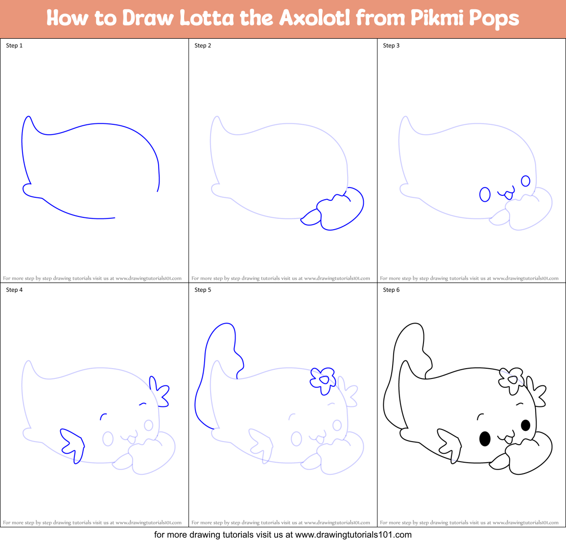 How to Draw Lotta the Axolotl from Pikmi Pops Printable Step by Step