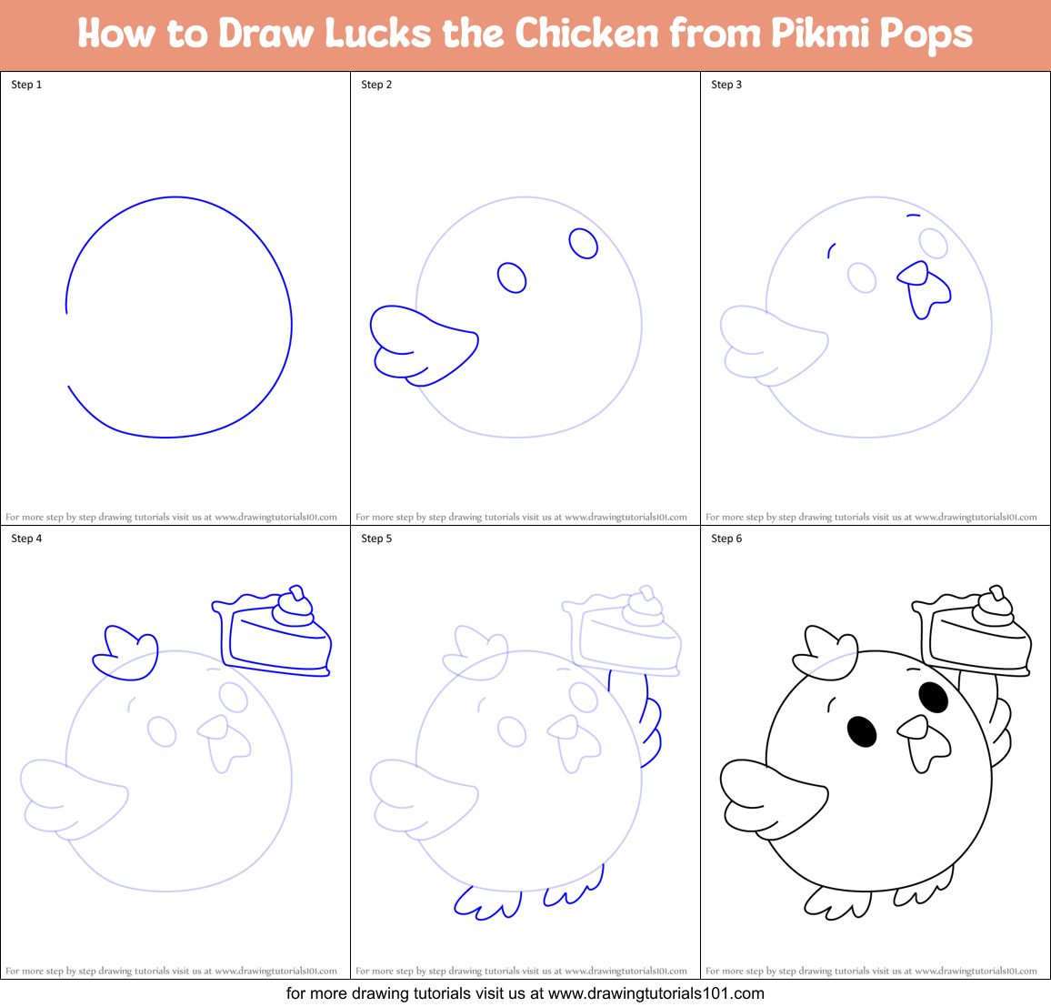How to Draw Lucks the Chicken from Pikmi Pops Printable Step by Step