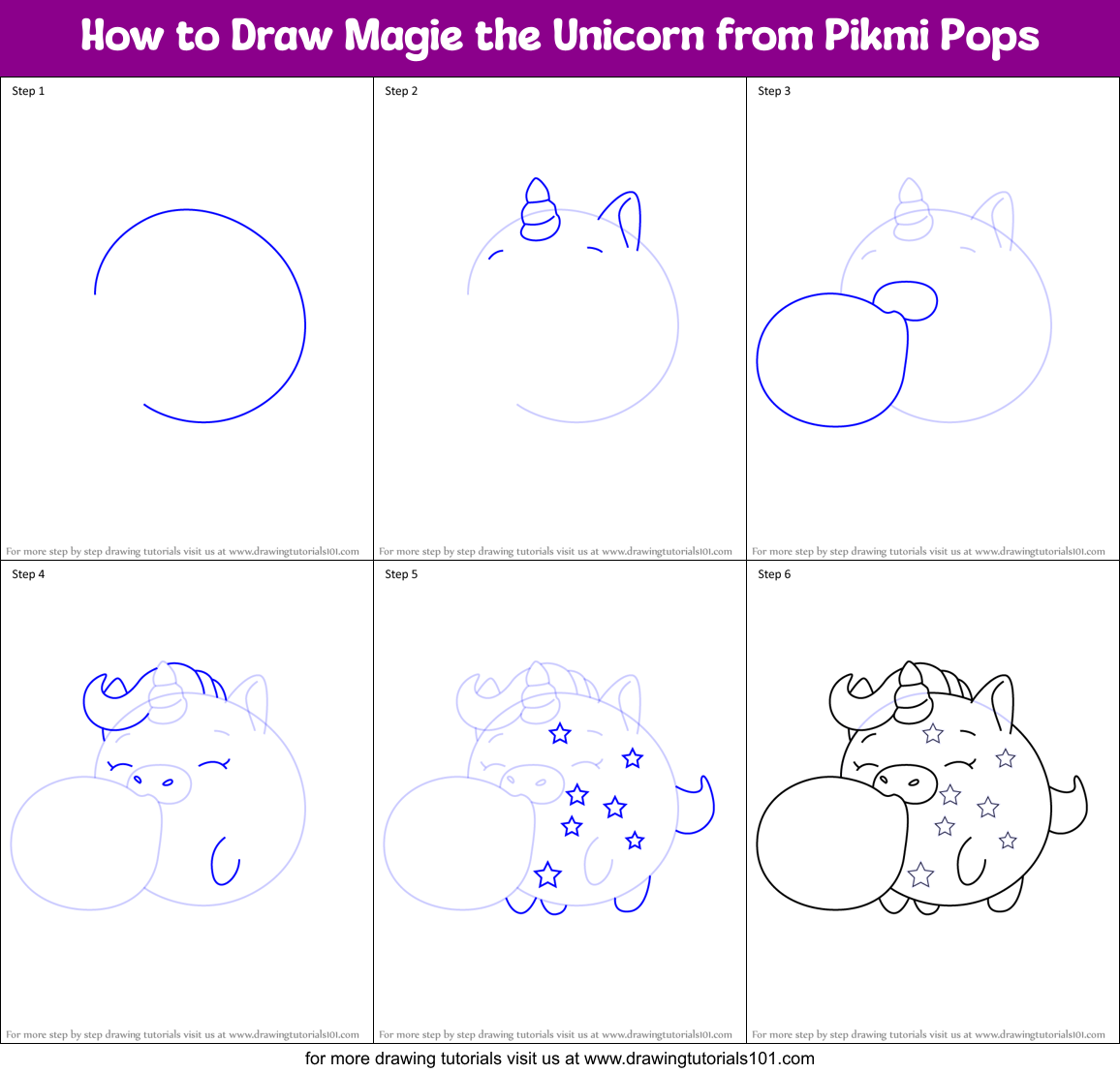 How to Draw Magie the Unicorn from Pikmi Pops Printable Step by Step