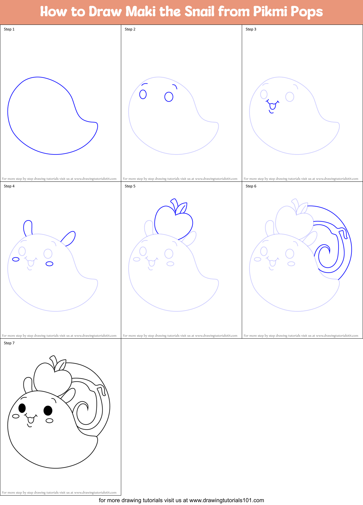 How to Draw Maki the Snail from Pikmi Pops Printable Step by Step