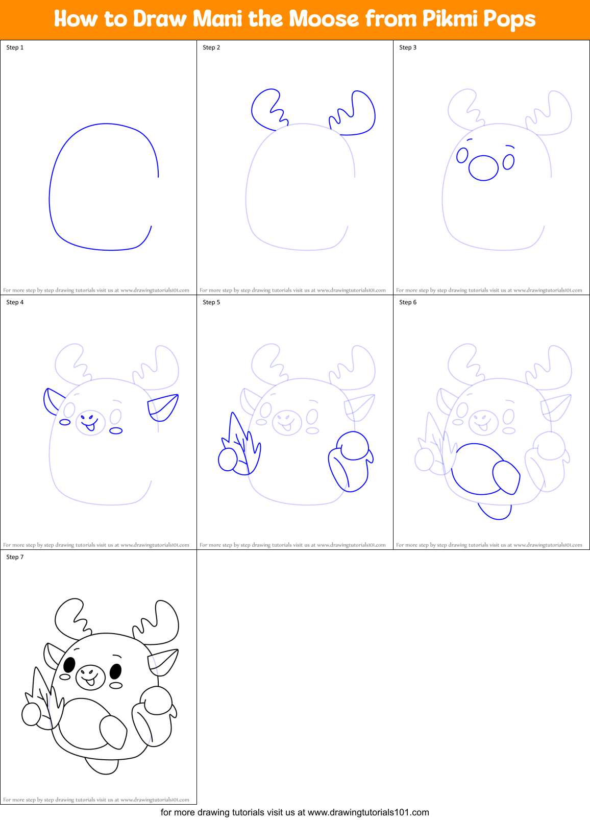 How to Draw Mani the Moose from Pikmi Pops Printable Step by Step