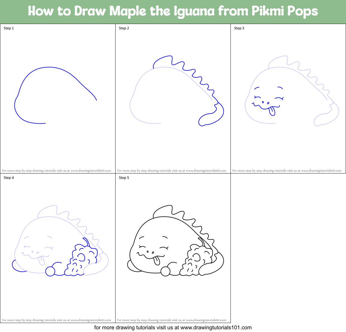 How to Draw Maple the Iguana from Pikmi Pops Printable Step by Step