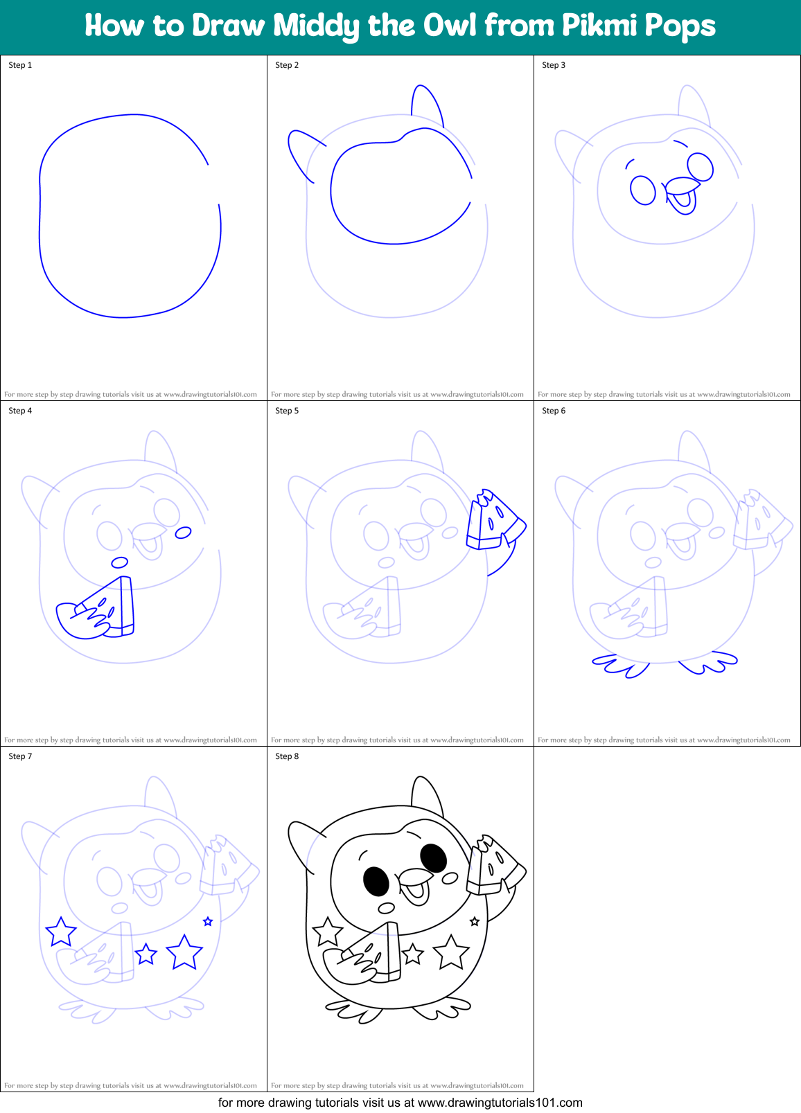 How to Draw Middy the Owl from Pikmi Pops Printable Step by Step