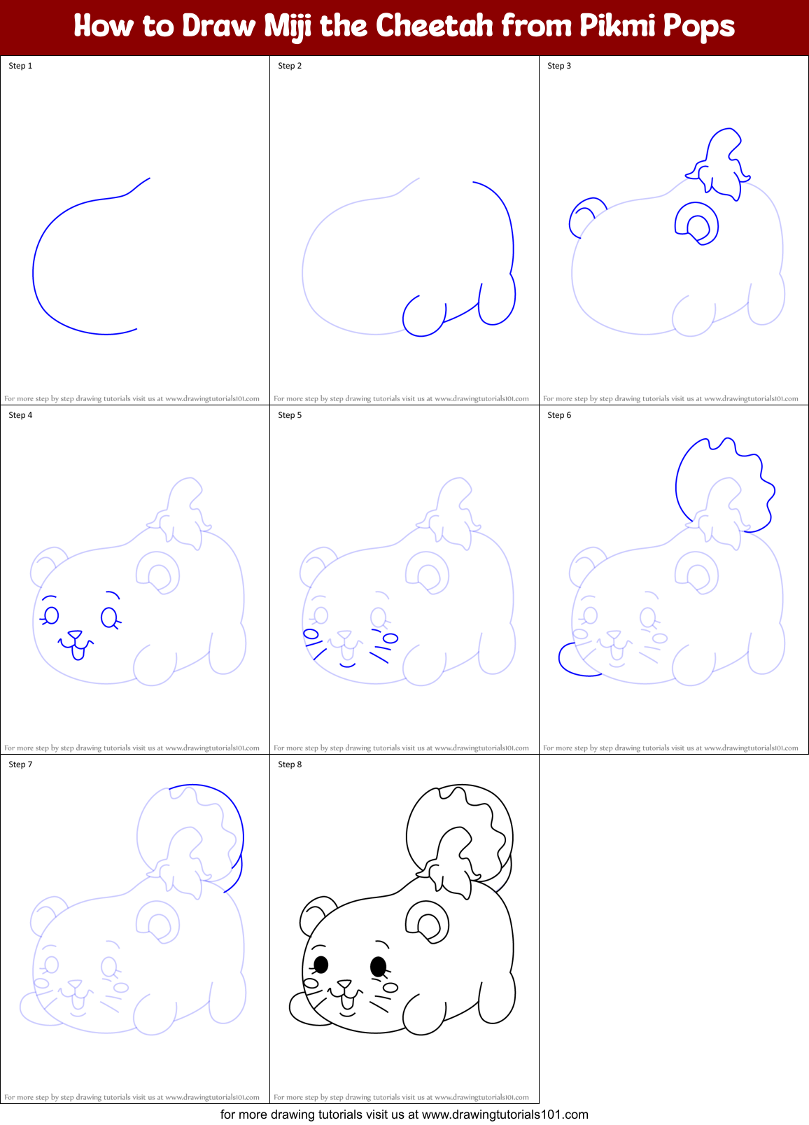 How to Draw Miji the Cheetah from Pikmi Pops Printable Step by Step