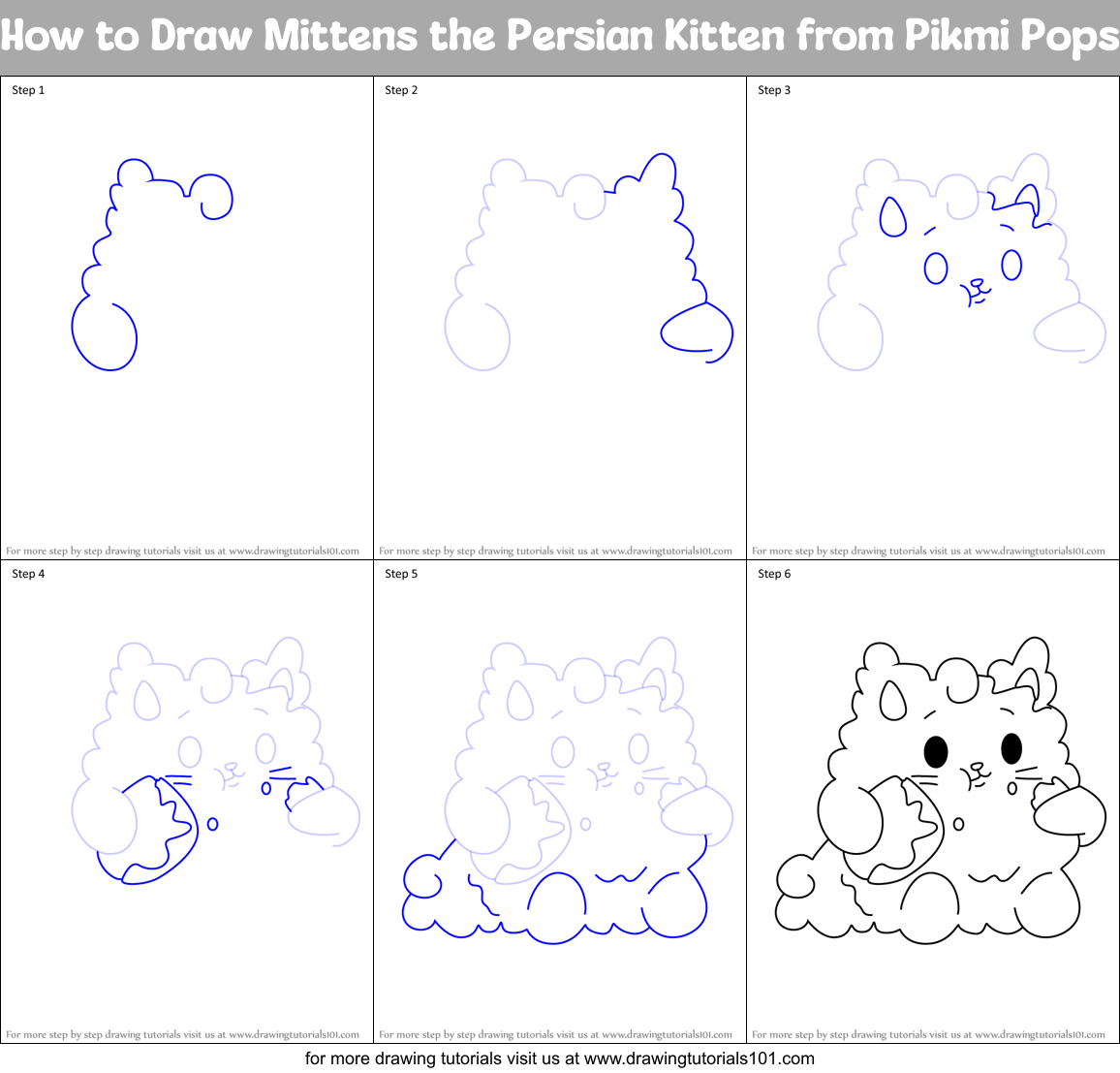 How to Draw Mittens the Persian Kitten from Pikmi Pops Printable Step by Step