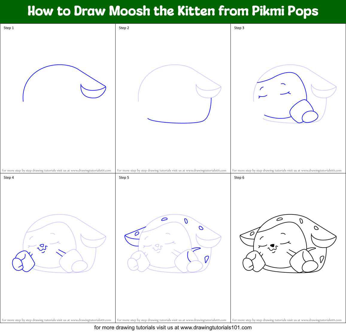 How to Draw Moosh the Kitten from Pikmi Pops Printable Step by Step