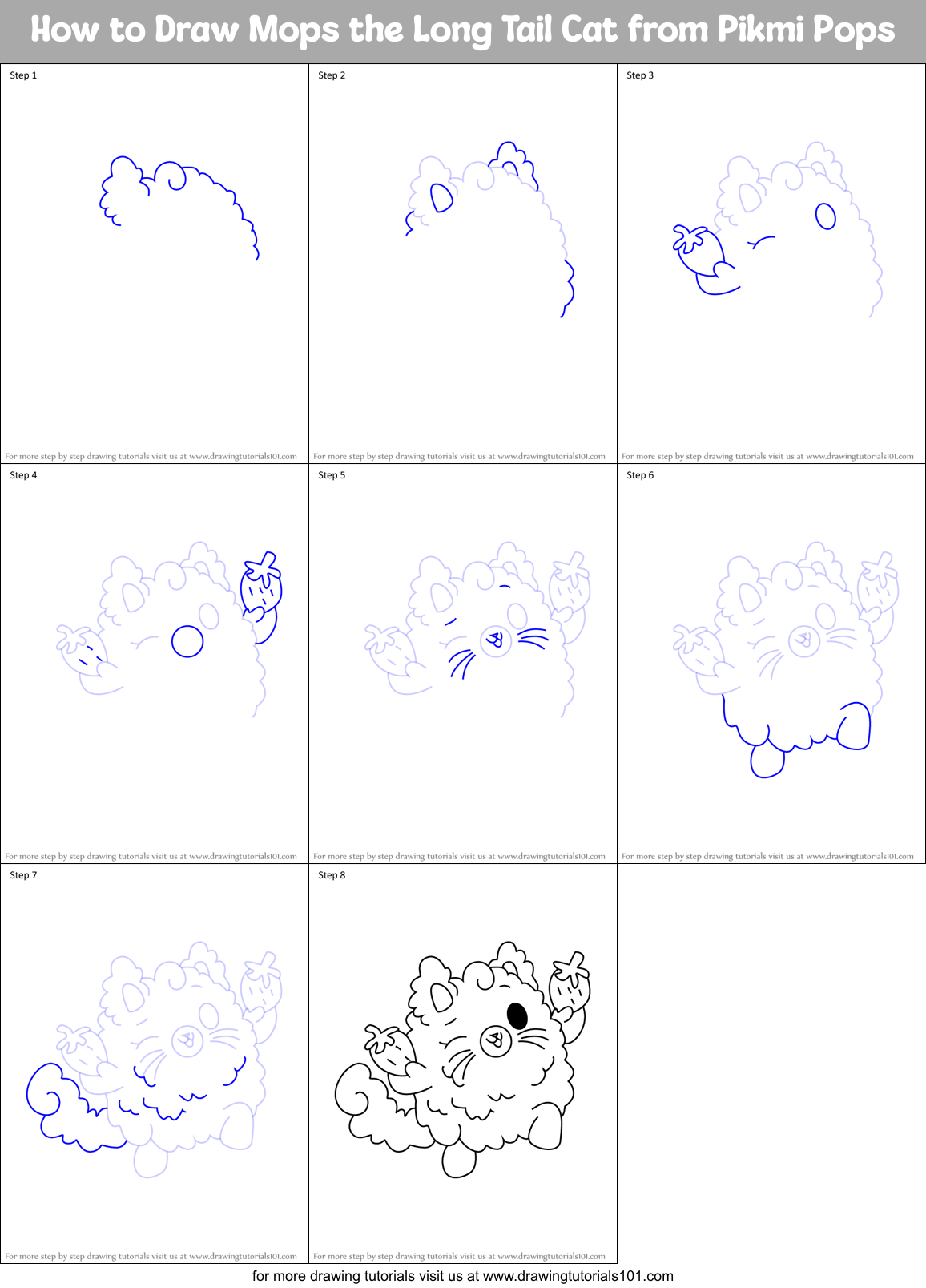 How to Draw Mops the Long Tail Cat from Pikmi Pops Printable Step by Step