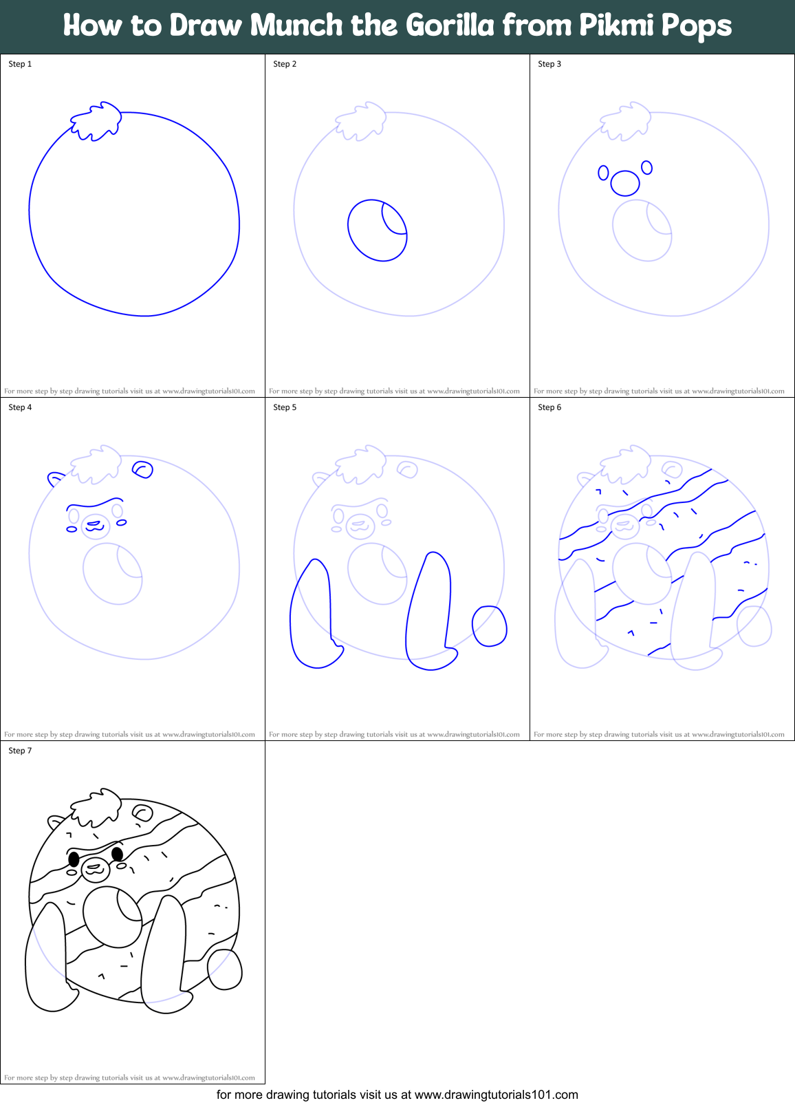 How to Draw Munch the Gorilla from Pikmi Pops Printable Step by Step