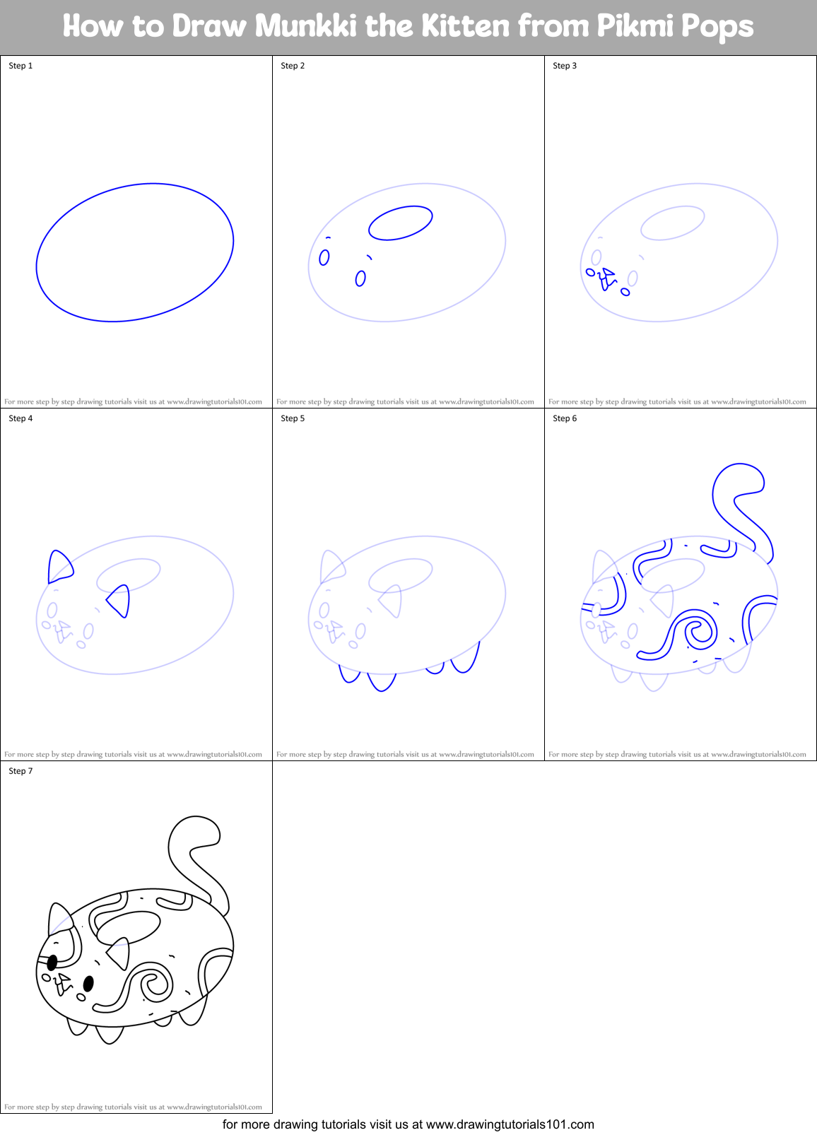 How to Draw Munkki the Kitten from Pikmi Pops Printable Step by Step