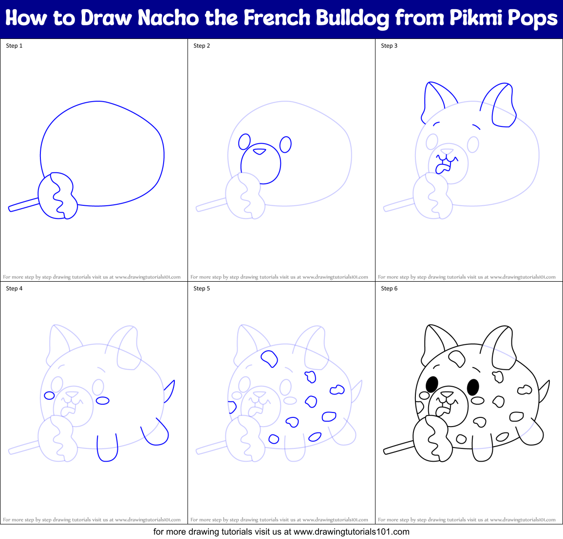 How to Draw Nacho the French Bulldog from Pikmi Pops Printable Step by Step