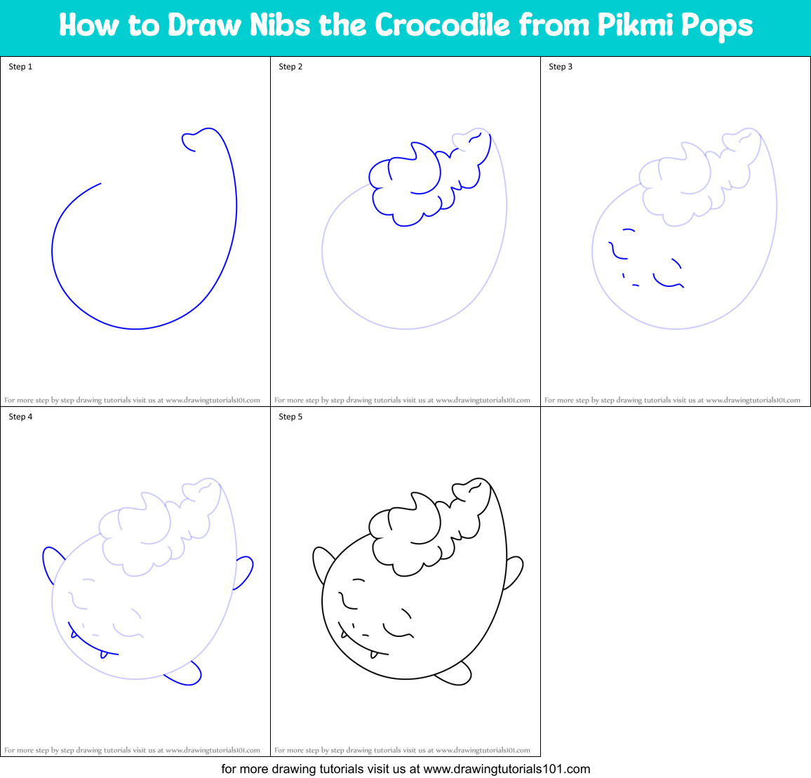 How to Draw Nibs the Crocodile from Pikmi Pops Printable Step by Step