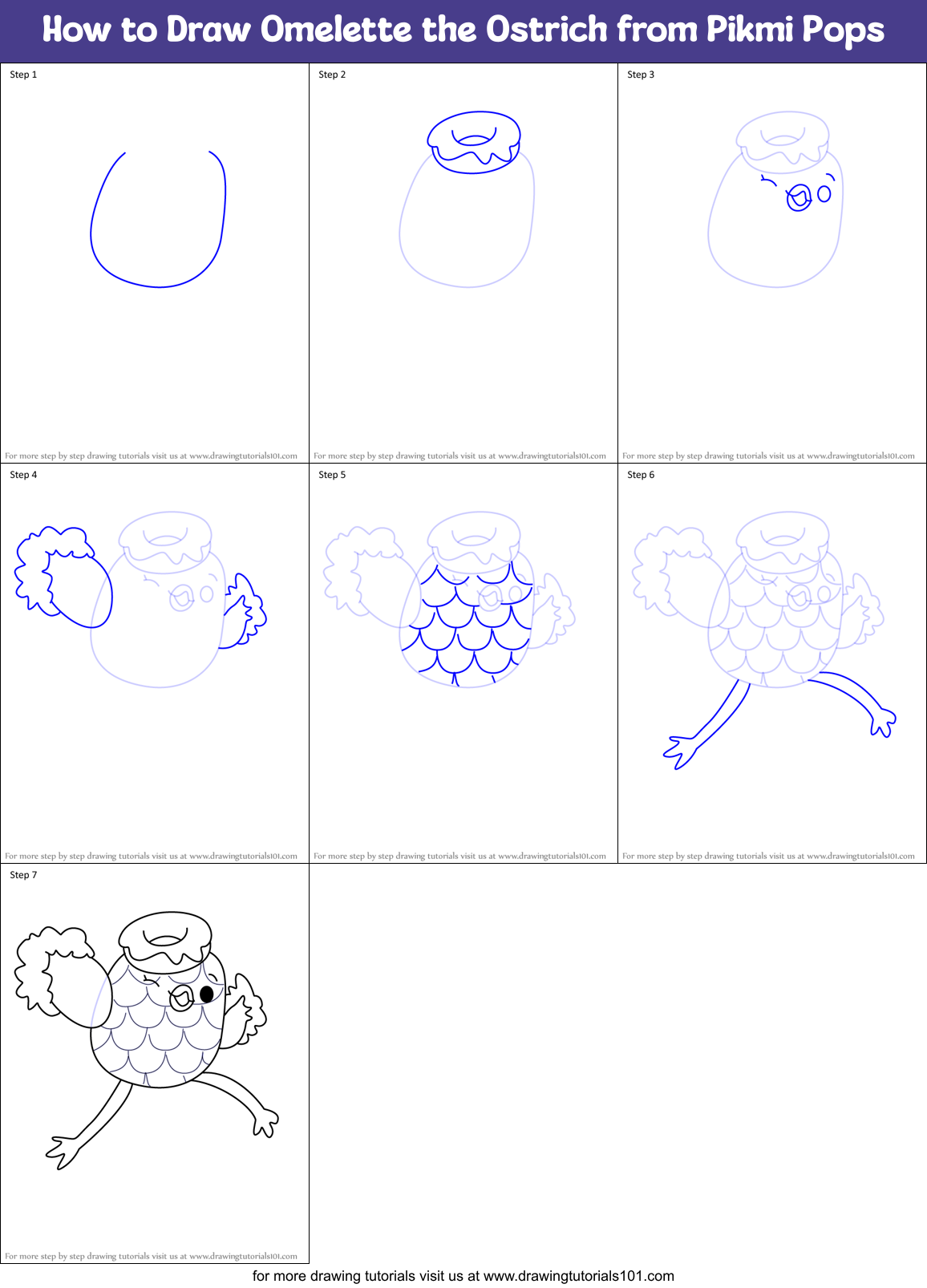 How to Draw Omelette the Ostrich from Pikmi Pops Printable Step by Step
