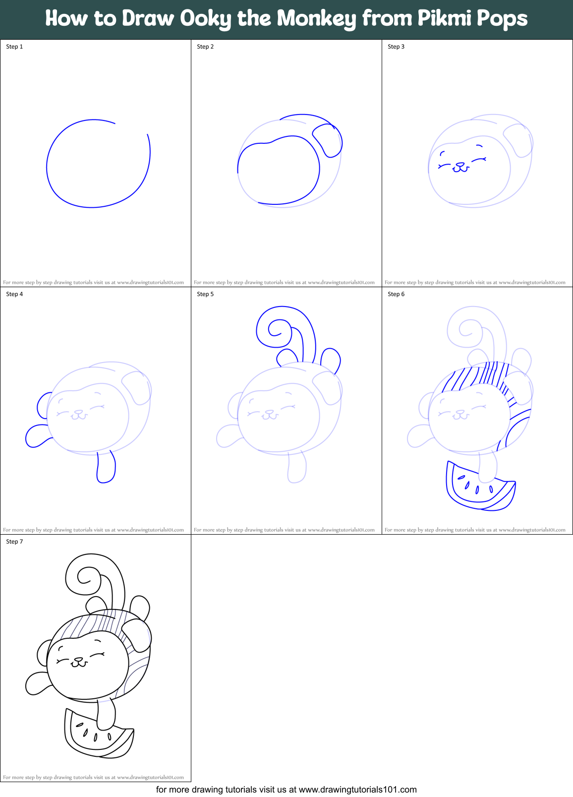 How to Draw Ooky the Monkey from Pikmi Pops Printable Step by Step