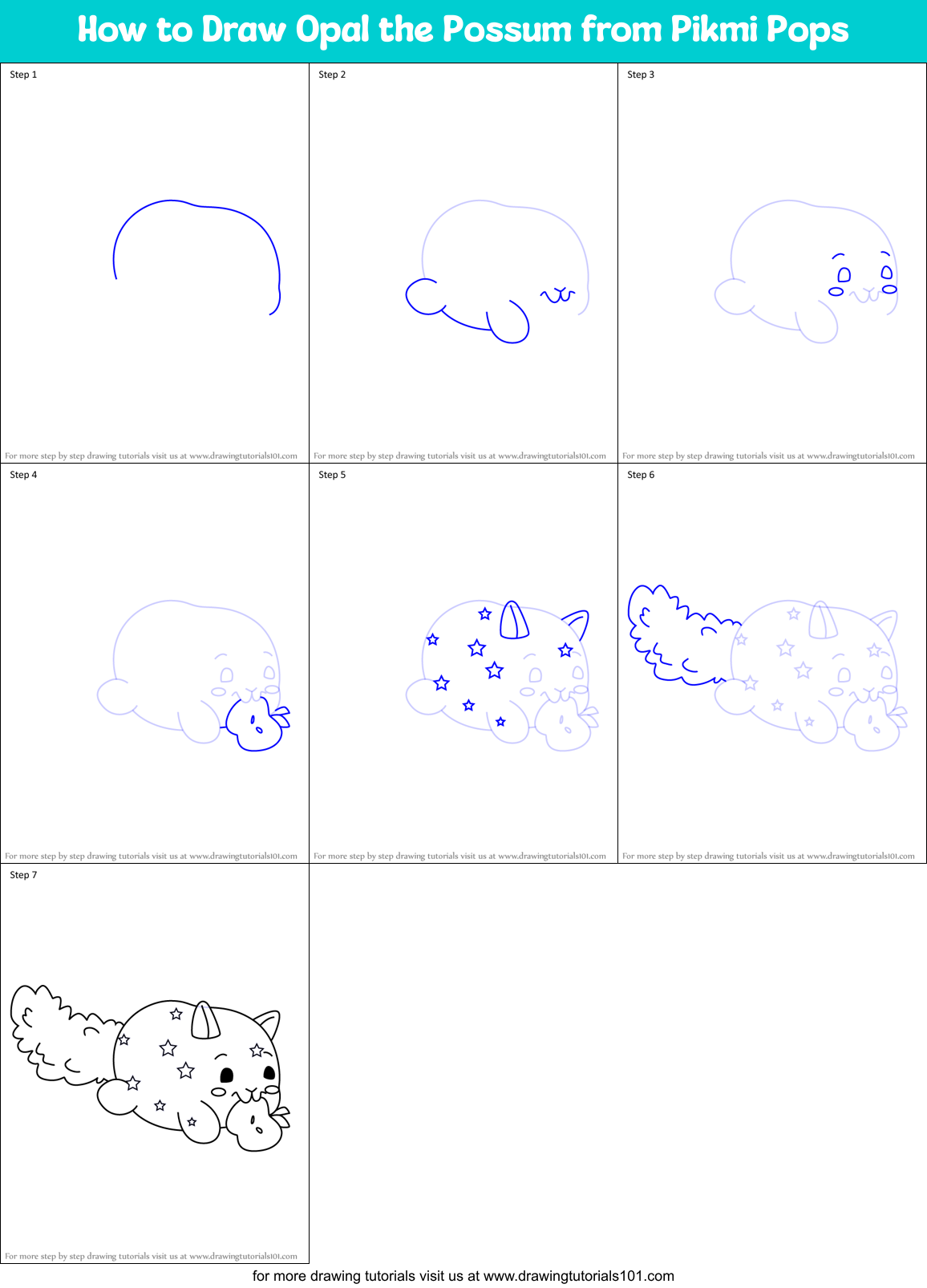How to Draw Opal the Possum from Pikmi Pops Printable Step by Step