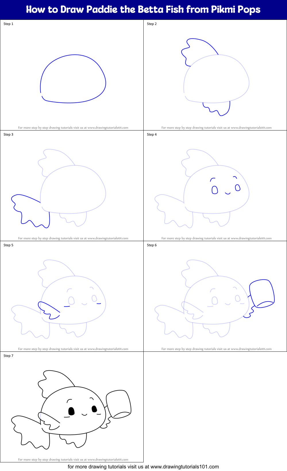 How to Draw Paddie the Betta Fish from Pikmi Pops Printable Step by Step