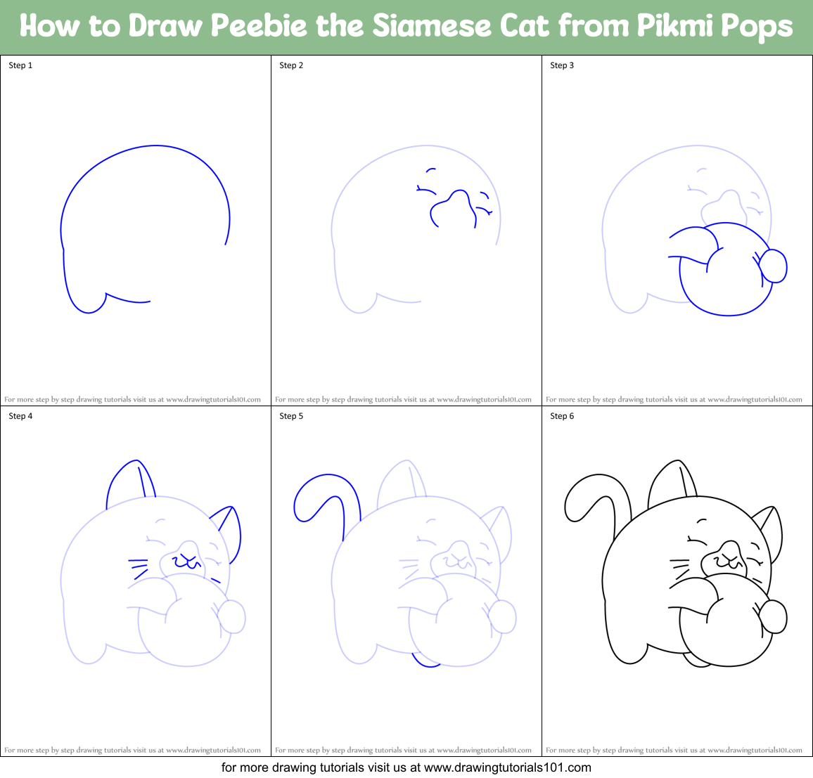 How to Draw Peebie the Siamese Cat from Pikmi Pops Printable Step by Step