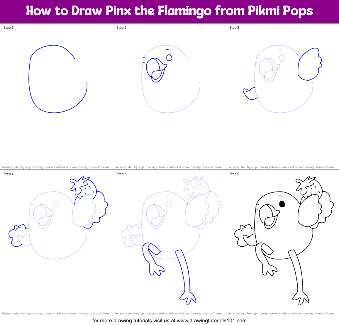 How to Draw Pinx the Flamingo from Pikmi Pops Printable Step by Step
