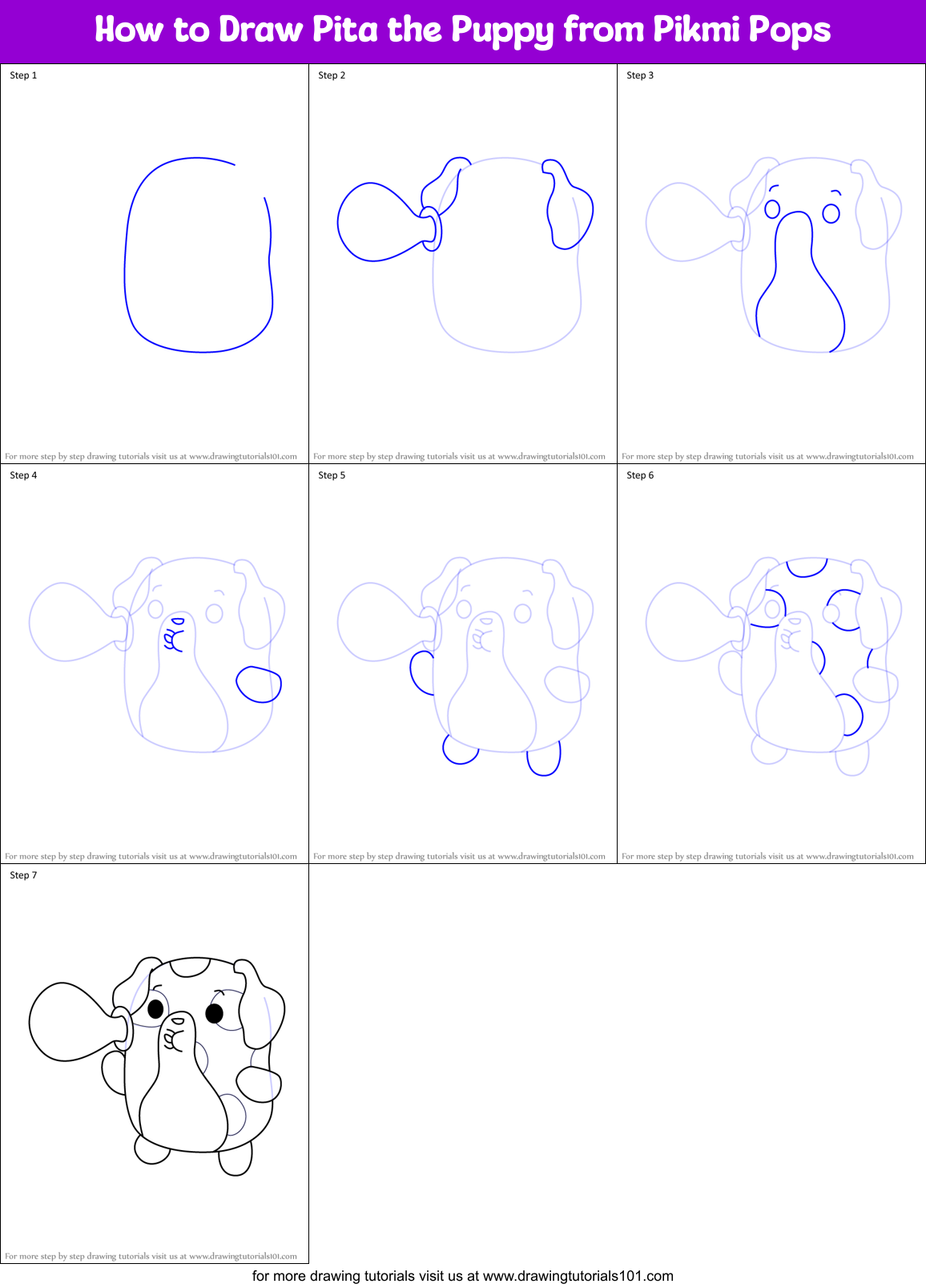 How to Draw Pita the Puppy from Pikmi Pops Printable Step by Step
