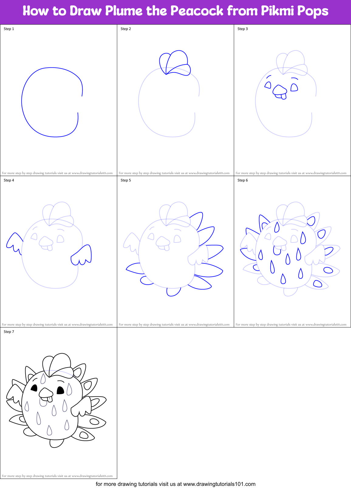 How to Draw Plume the Peacock from Pikmi Pops Printable Step by Step