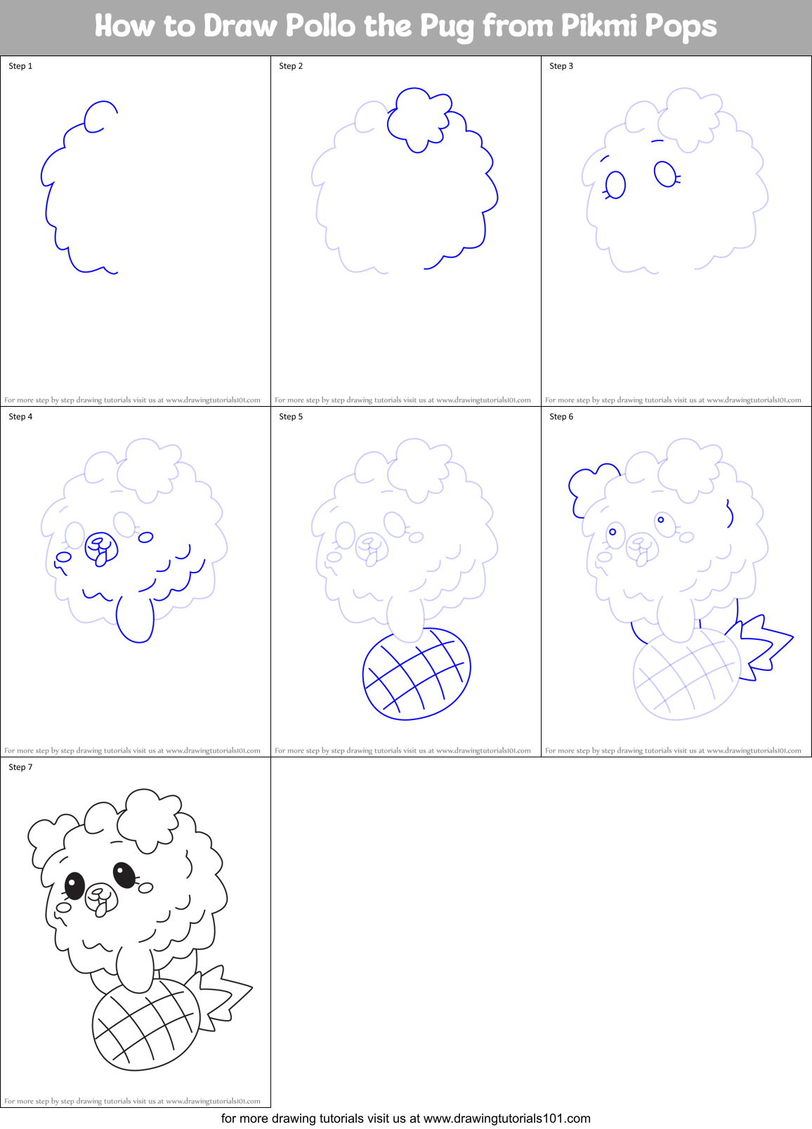 How to Draw Pollo the Pug from Pikmi Pops Printable Step by Step