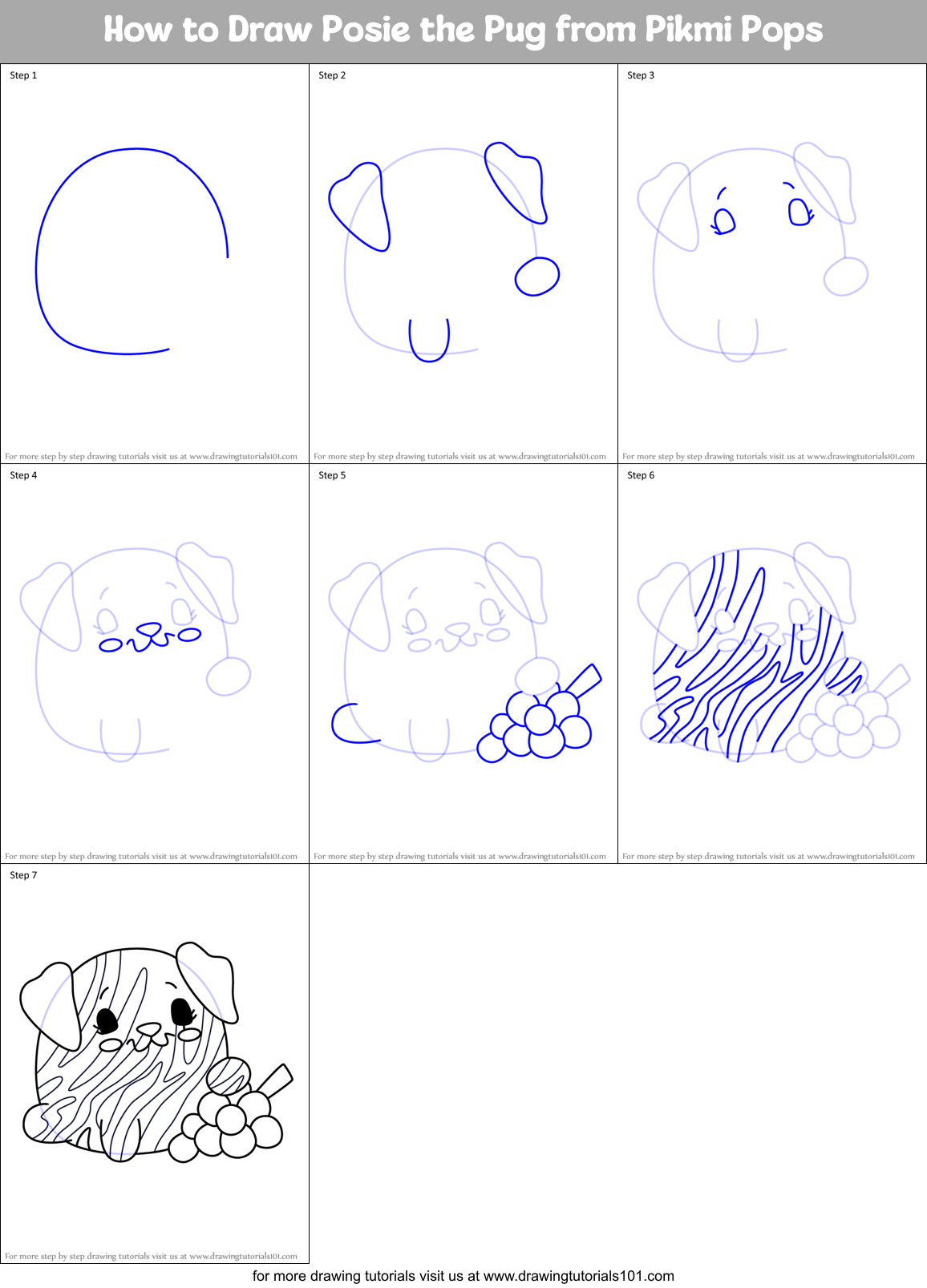 How to Draw Posie the Pug from Pikmi Pops Printable Step by Step
