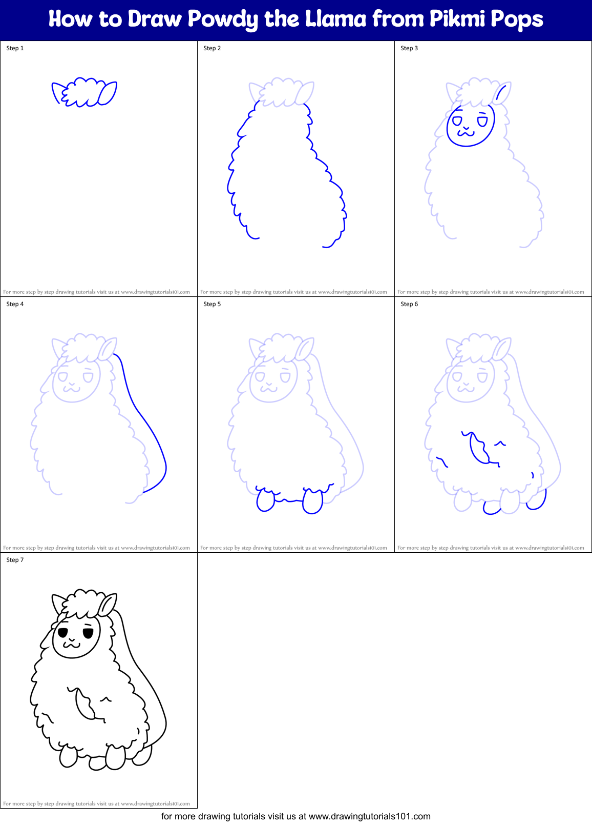 How to Draw Powdy the Llama from Pikmi Pops Printable Step by Step