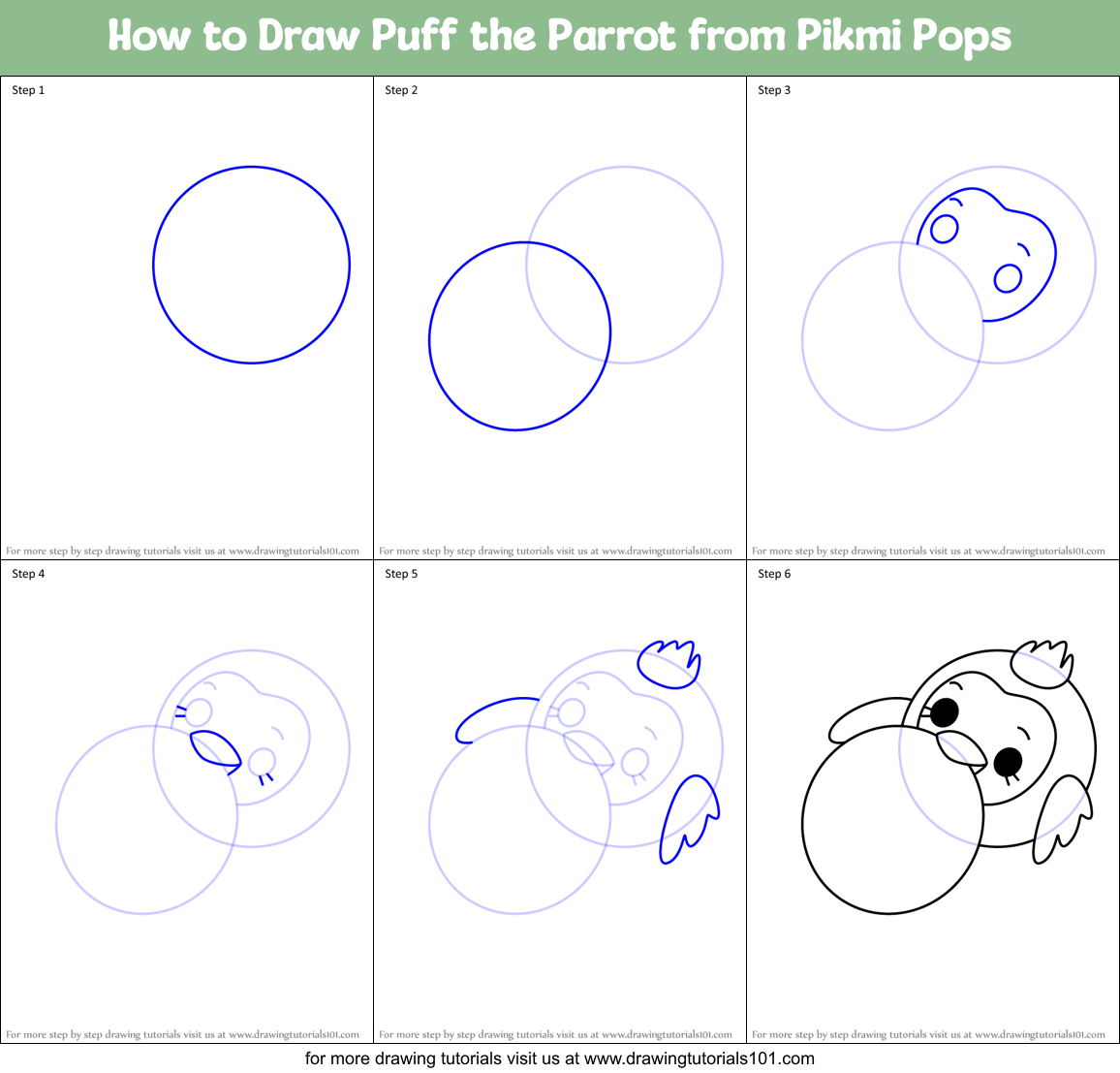How to Draw Puff the Parrot from Pikmi Pops Printable Step by Step