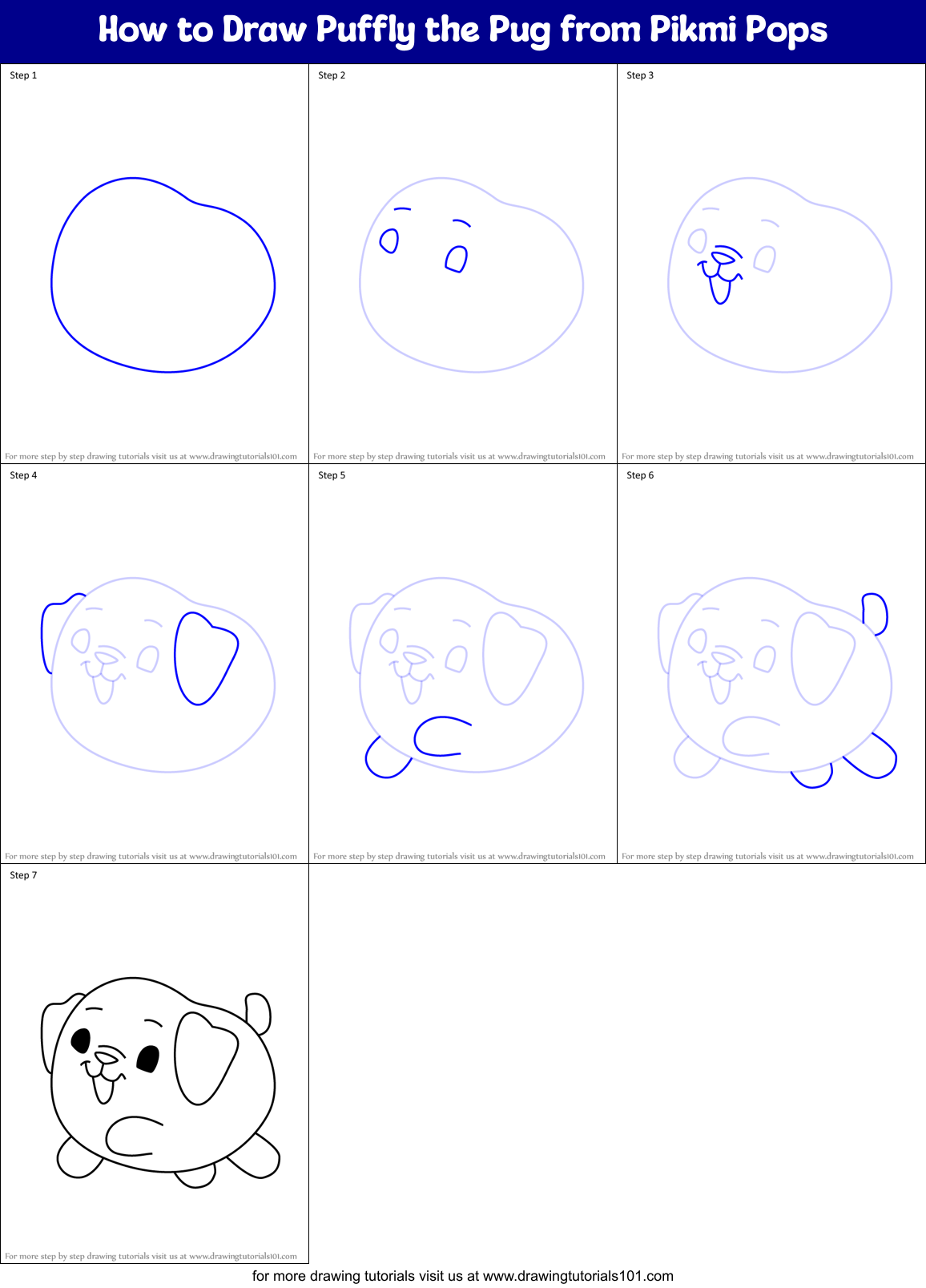 How to Draw Puffly the Pug from Pikmi Pops Printable Step by Step