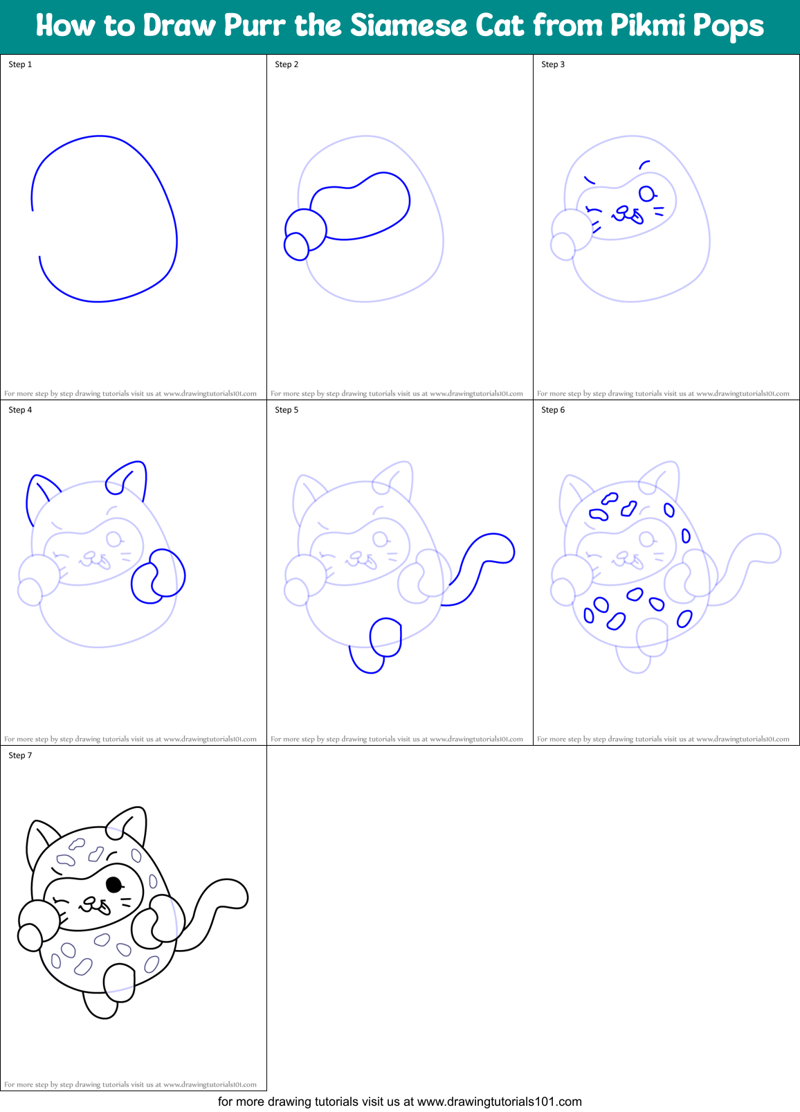 How to Draw Purr the Siamese Cat from Pikmi Pops Printable Step by Step
