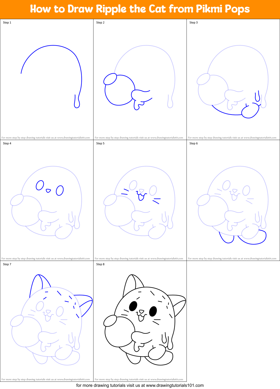 How to Draw Ripple the Cat from Pikmi Pops Printable Step by Step