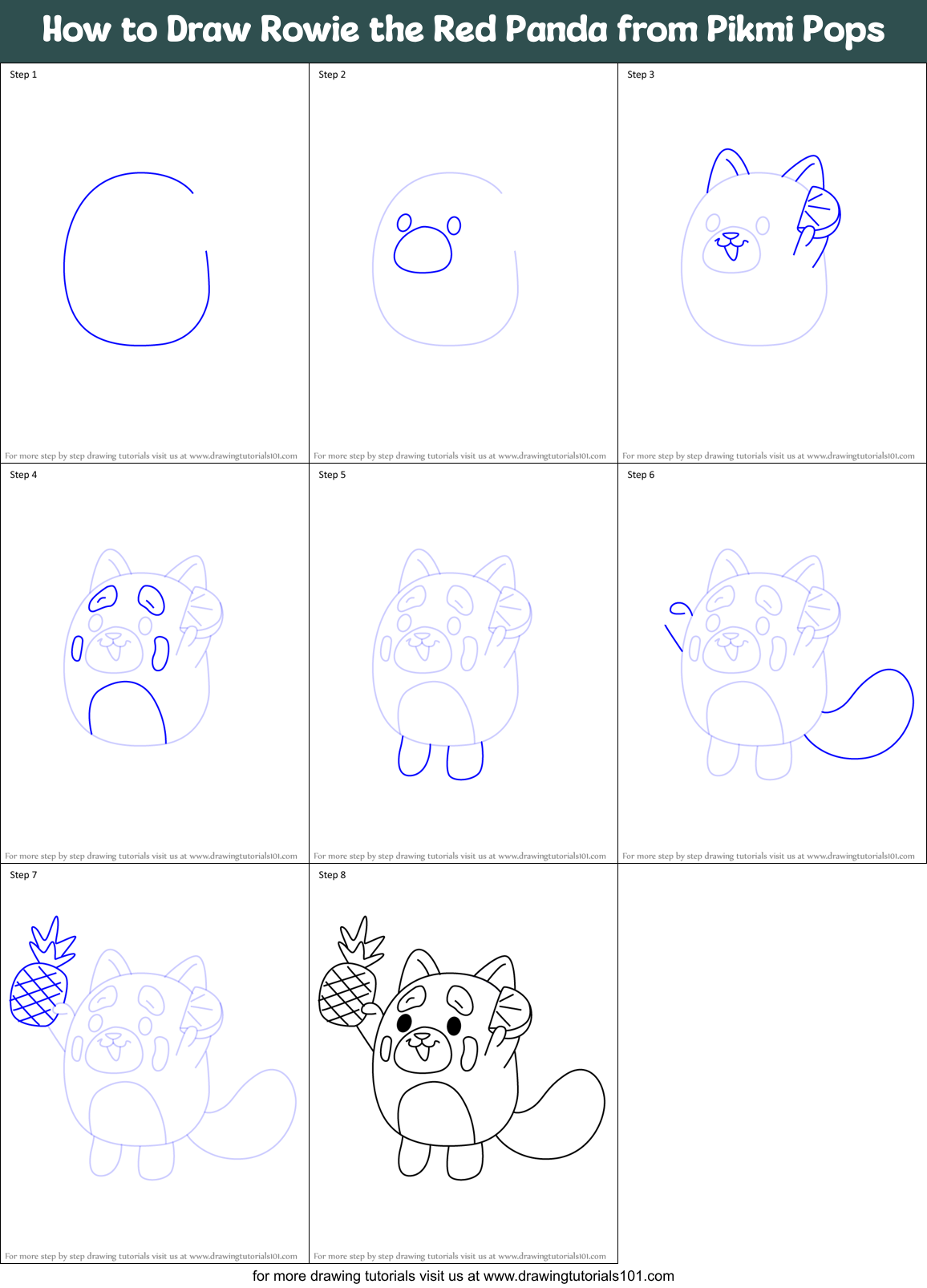 How to Draw Rowie the Red Panda from Pikmi Pops Printable Step by Step