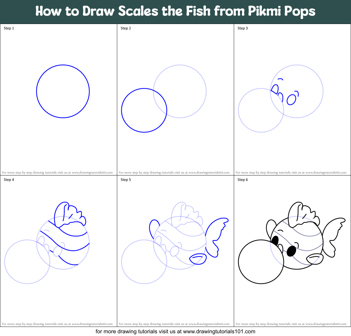 How to Draw Scales the Fish from Pikmi Pops Printable Step by Step