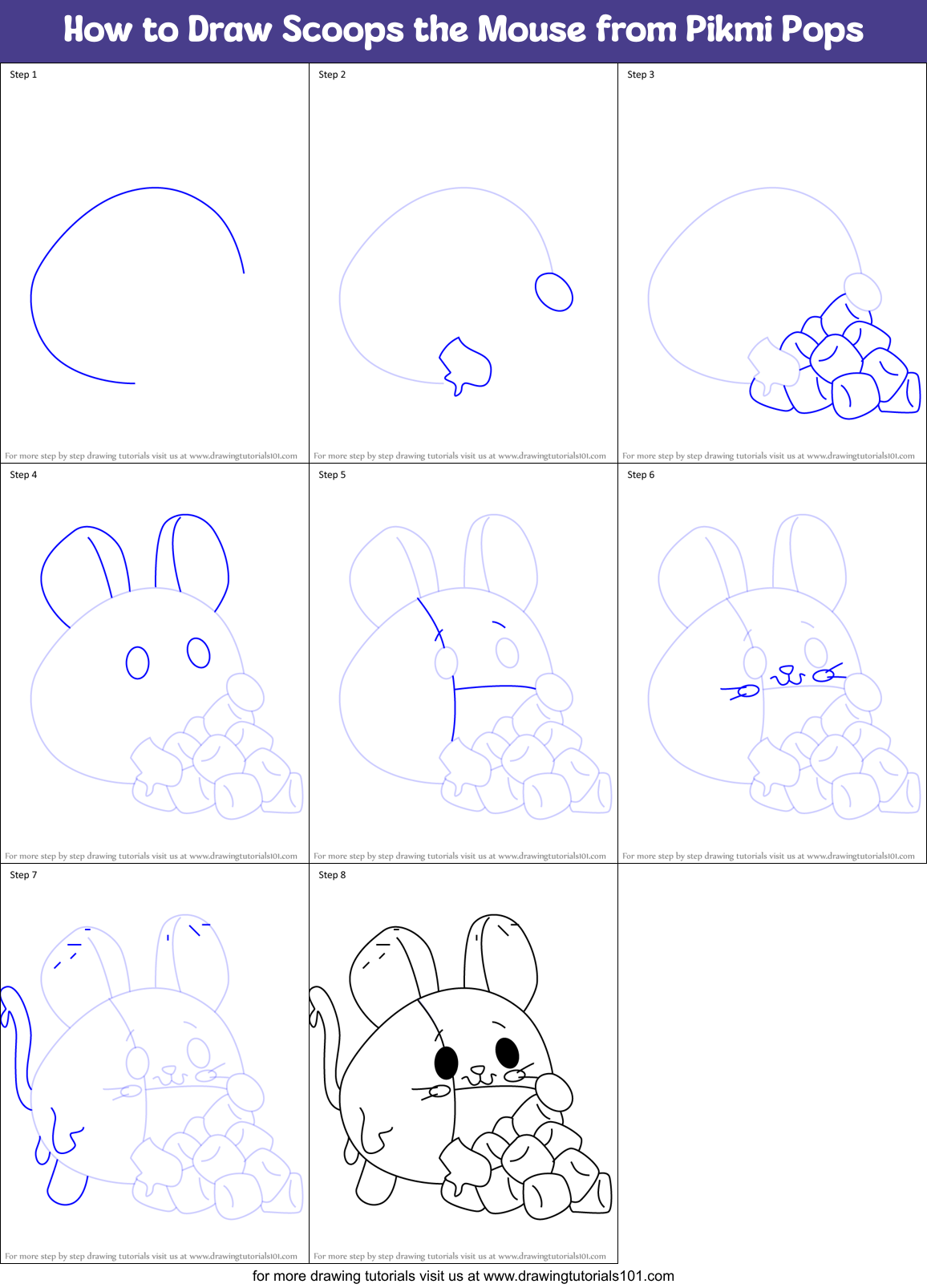 How to Draw Scoops the Mouse from Pikmi Pops Printable Step by Step