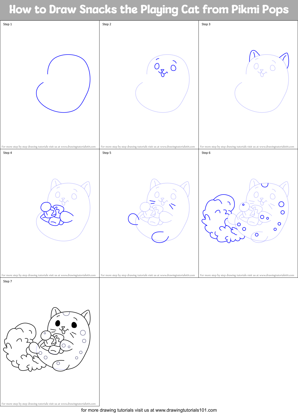 How to Draw Snacks the Playing Cat from Pikmi Pops Printable Step by Step