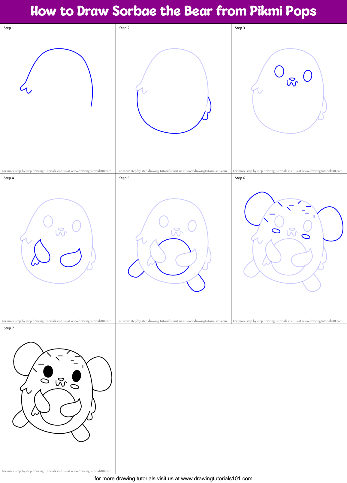 How to Draw Sorbae the Bear from Pikmi Pops Printable Step by Step