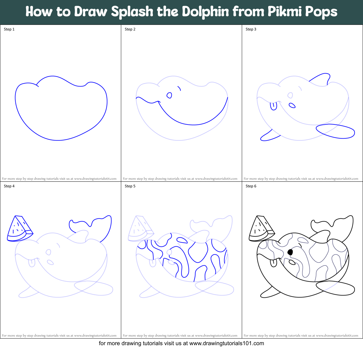 How to Draw Splash the Dolphin from Pikmi Pops Printable Step by Step