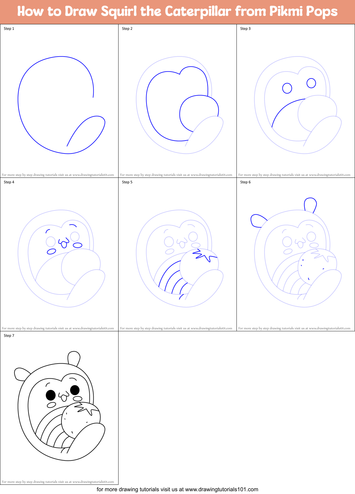 How to Draw Squirl the Caterpillar from Pikmi Pops Printable Step by Step