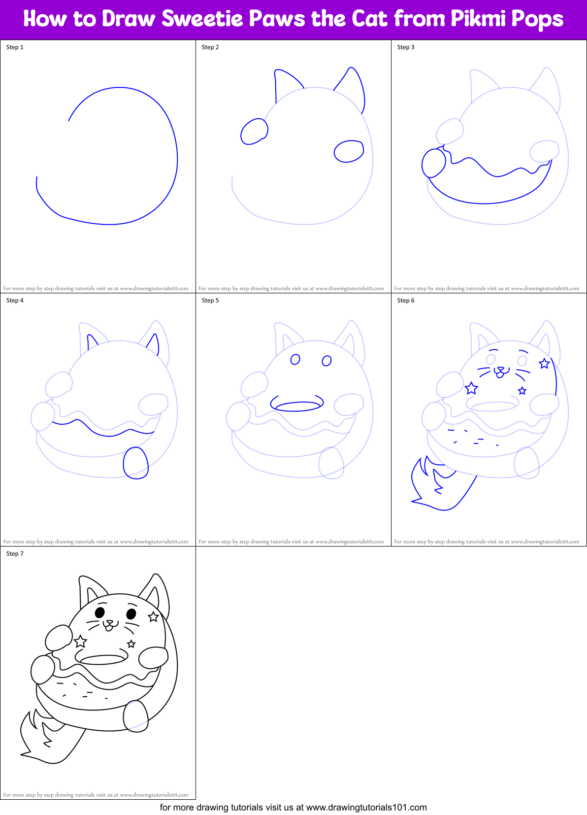 How to Draw Sweetie Paws the Cat from Pikmi Pops Printable Step by Step