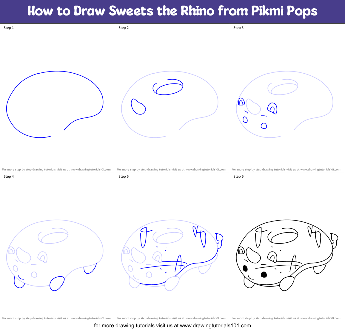 How to Draw Sweets the Rhino from Pikmi Pops Printable Step by Step