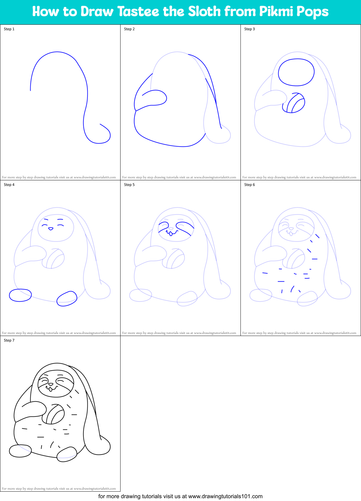 How to Draw Tastee the Sloth from Pikmi Pops Printable Step by Step