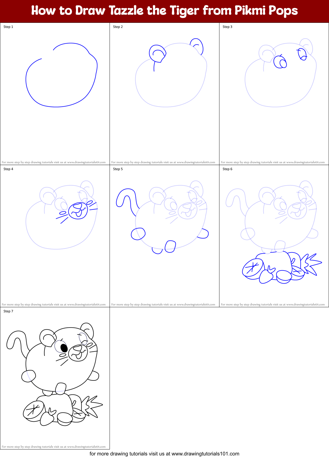 How to Draw Tazzle the Tiger from Pikmi Pops Printable Step by Step