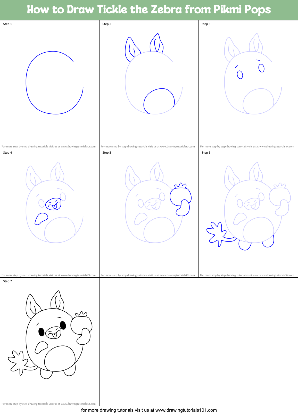 How to Draw Tickle the Zebra from Pikmi Pops Printable Step by Step