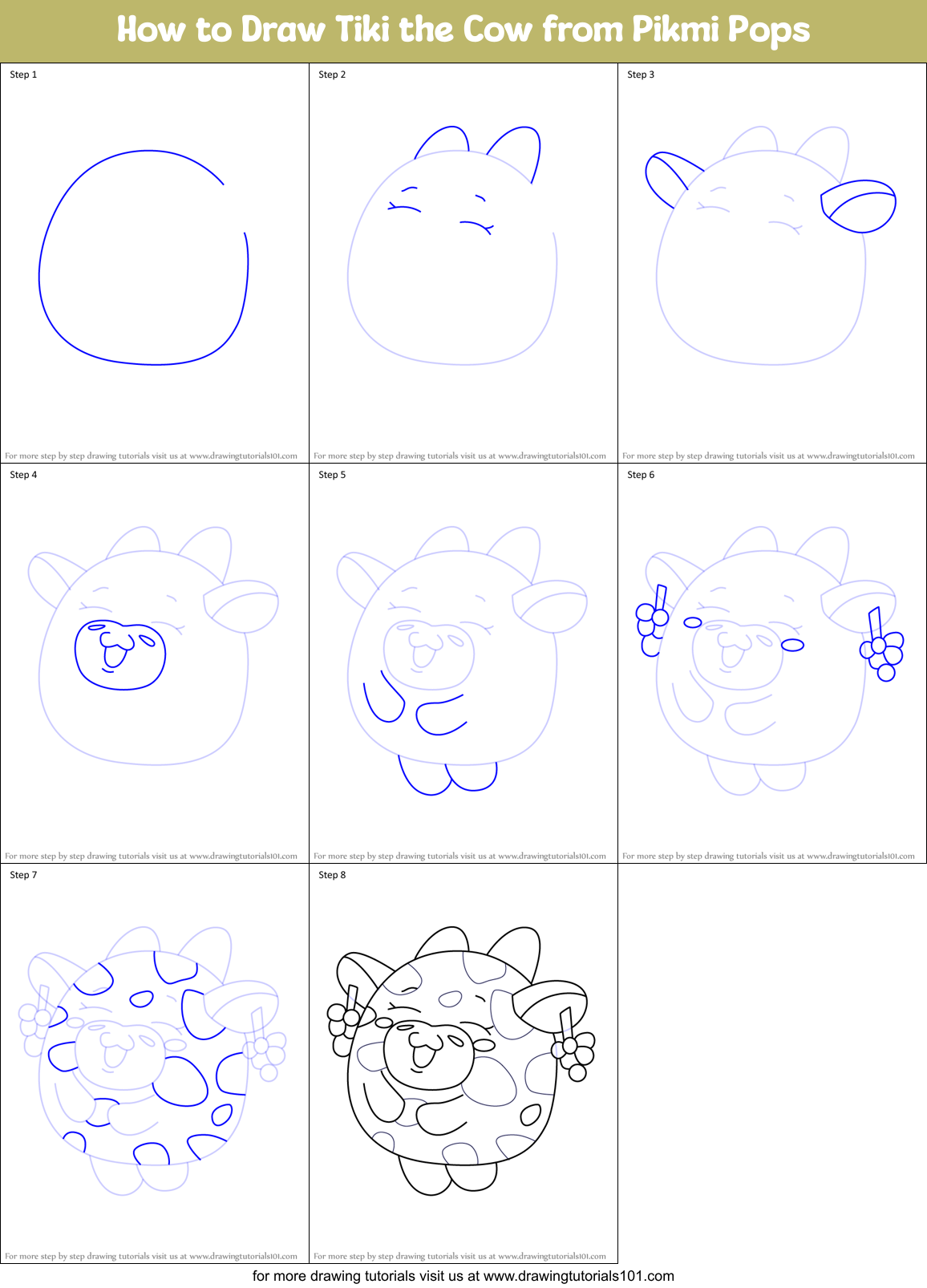 How to Draw Tiki the Cow from Pikmi Pops Printable Step by Step