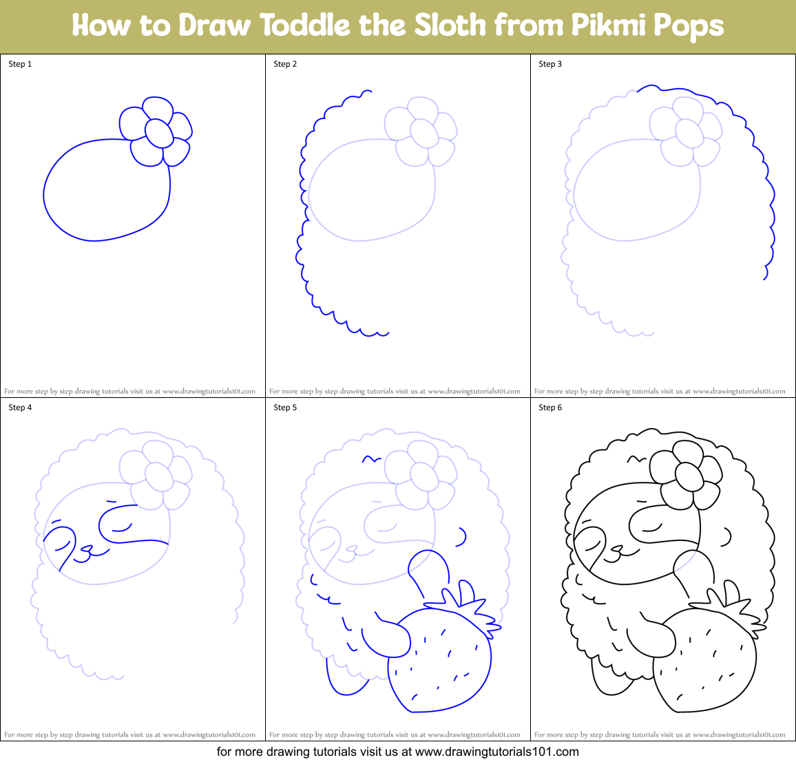 How to Draw Toddle the Sloth from Pikmi Pops Printable Step by Step