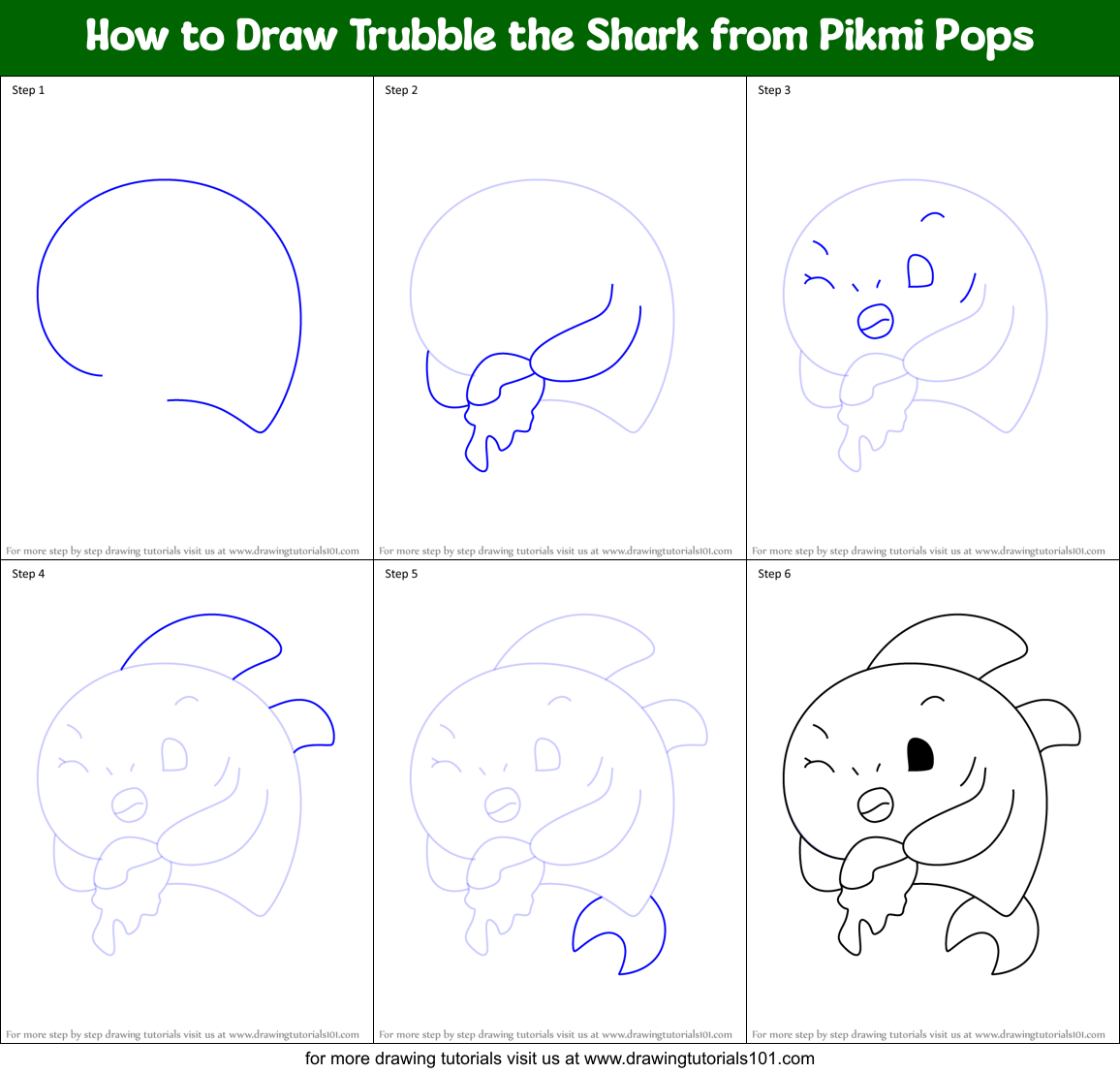 How to Draw Trubble the Shark from Pikmi Pops Printable Step by Step