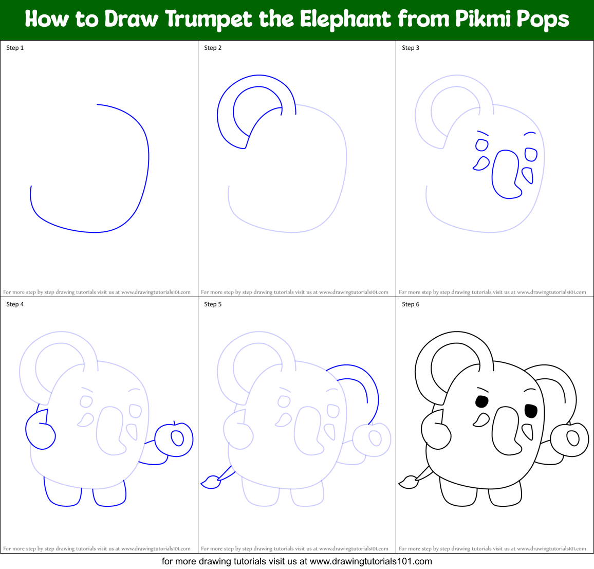 How to Draw Trumpet the Elephant from Pikmi Pops Printable Step by Step
