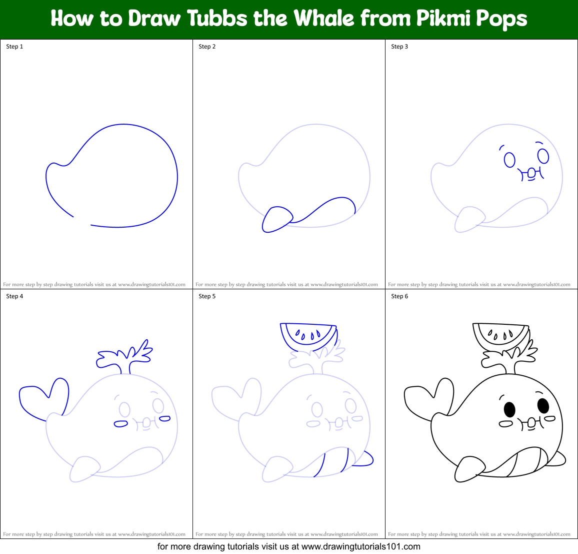 How to Draw Tubbs the Whale from Pikmi Pops Printable Step by Step