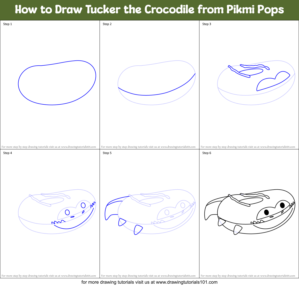 How to Draw Tucker the Crocodile from Pikmi Pops Printable Step by Step